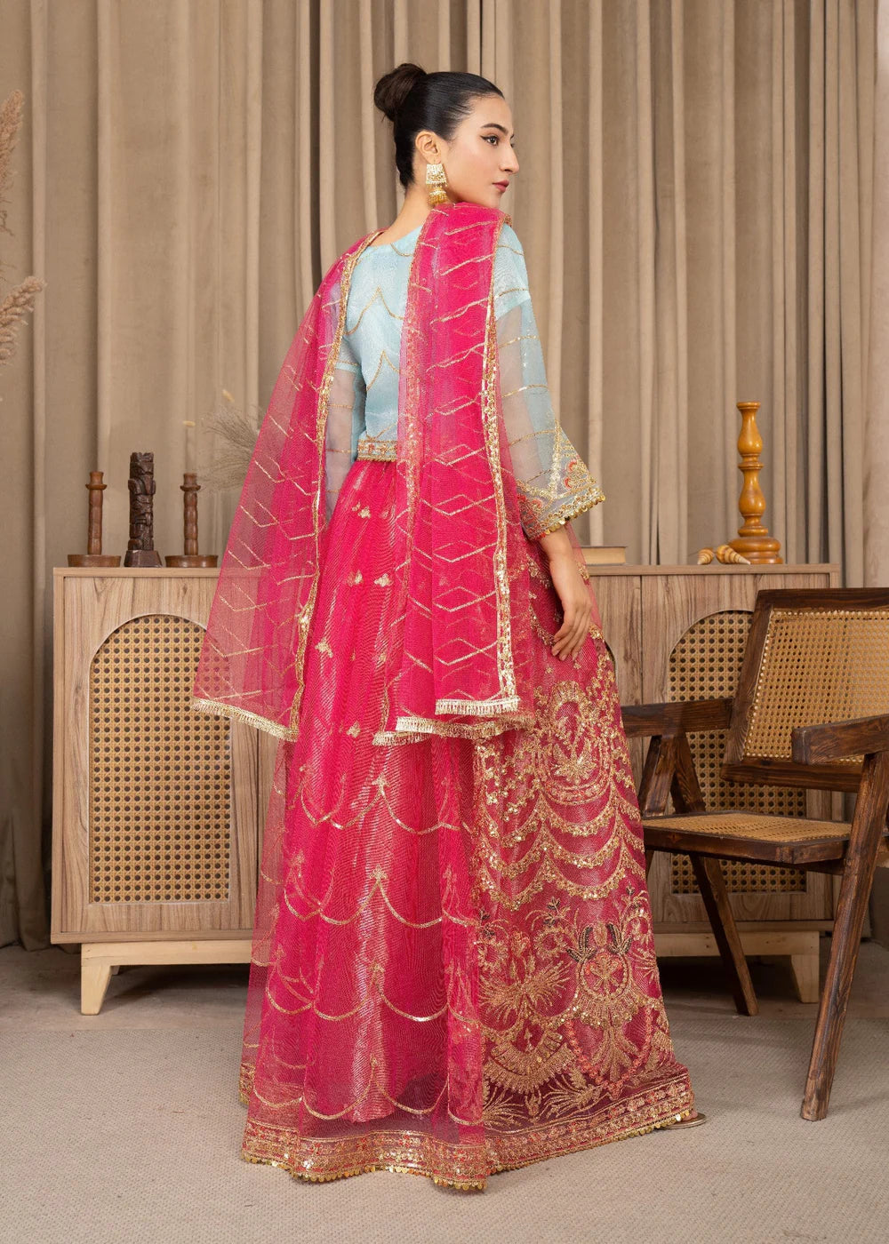 Vibrant Gold-Embroidered Lehenga in Pink and Blue