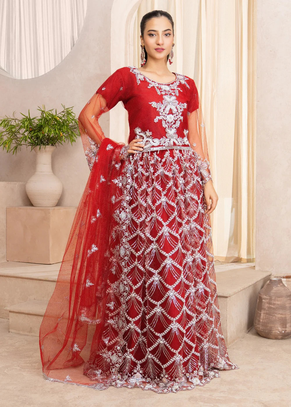 Regal Red Kalidar Gown with Intricate Work