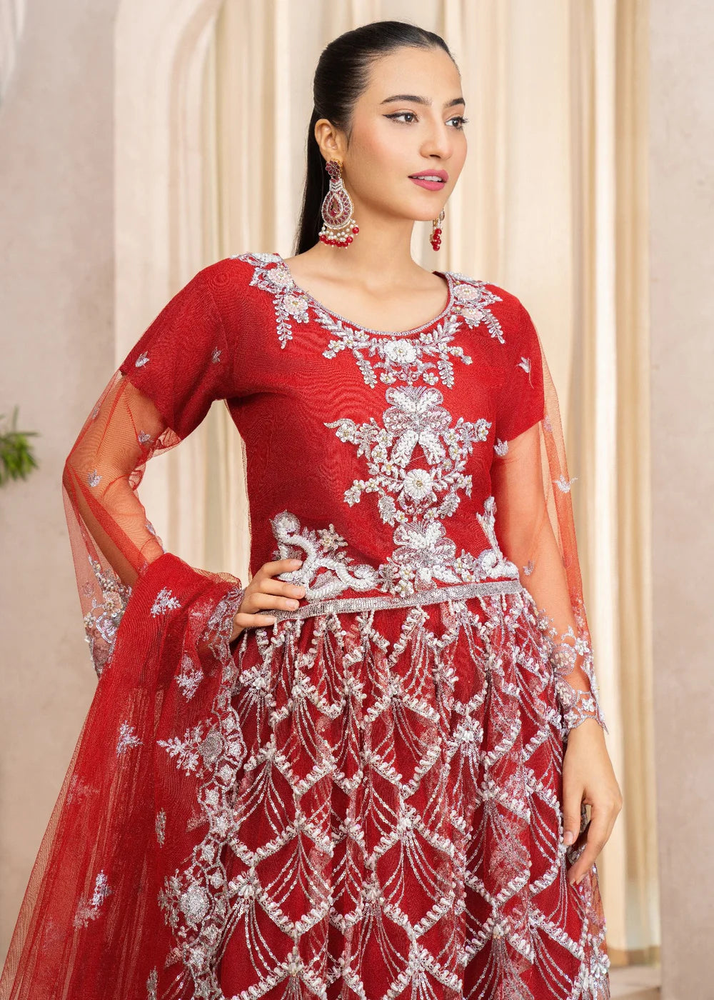 Regal Red Kalidar Gown with Intricate Work