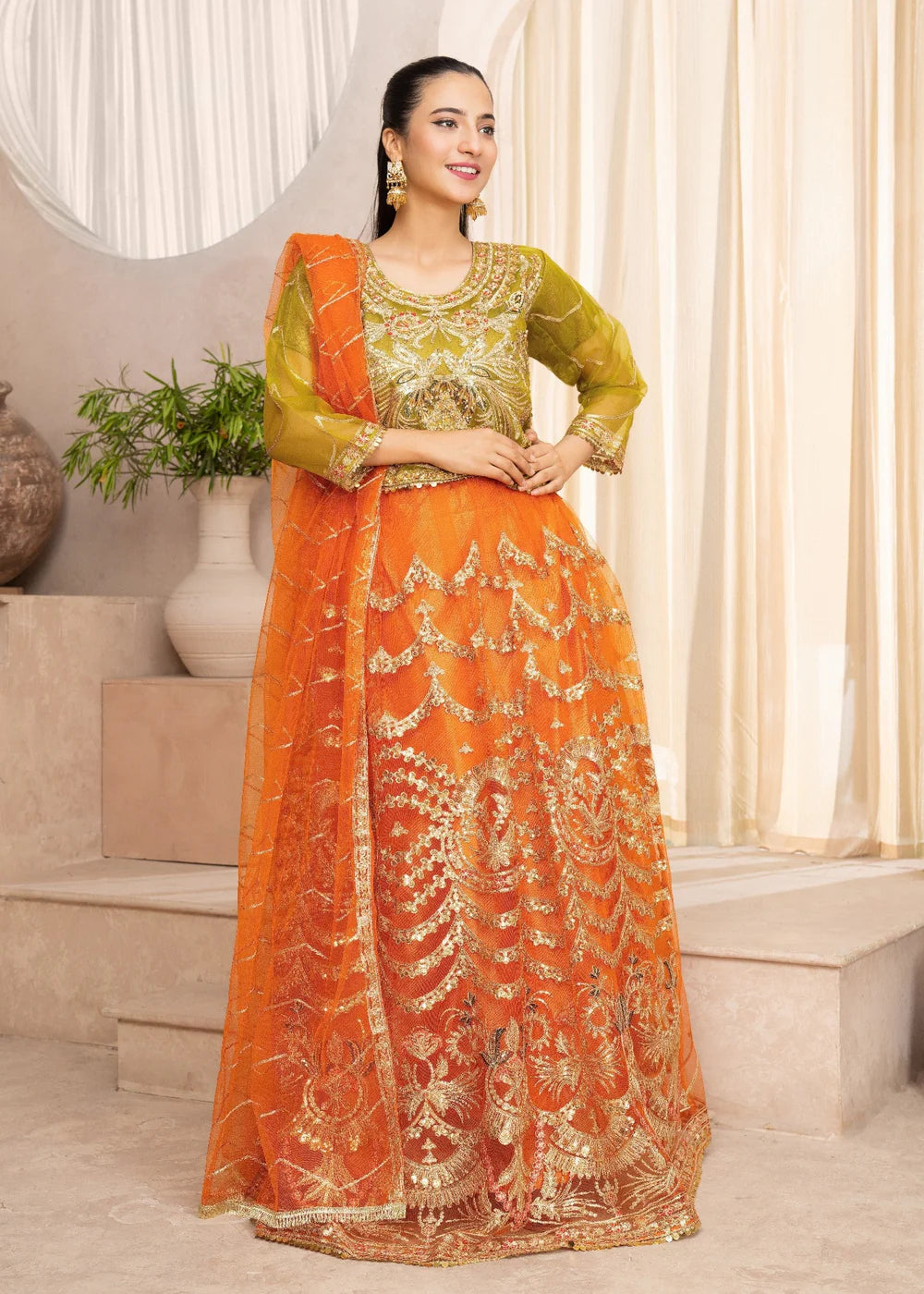 Vibrant Fusion: Gold Embroidered Crop Top and Teal Skirt