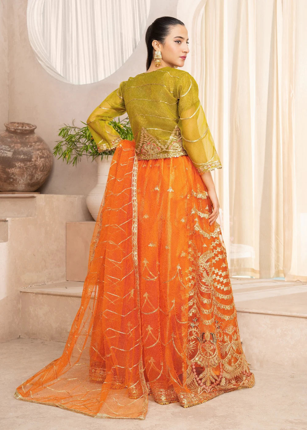 Vibrant Fusion: Gold Embroidered Crop Top and Teal Skirt