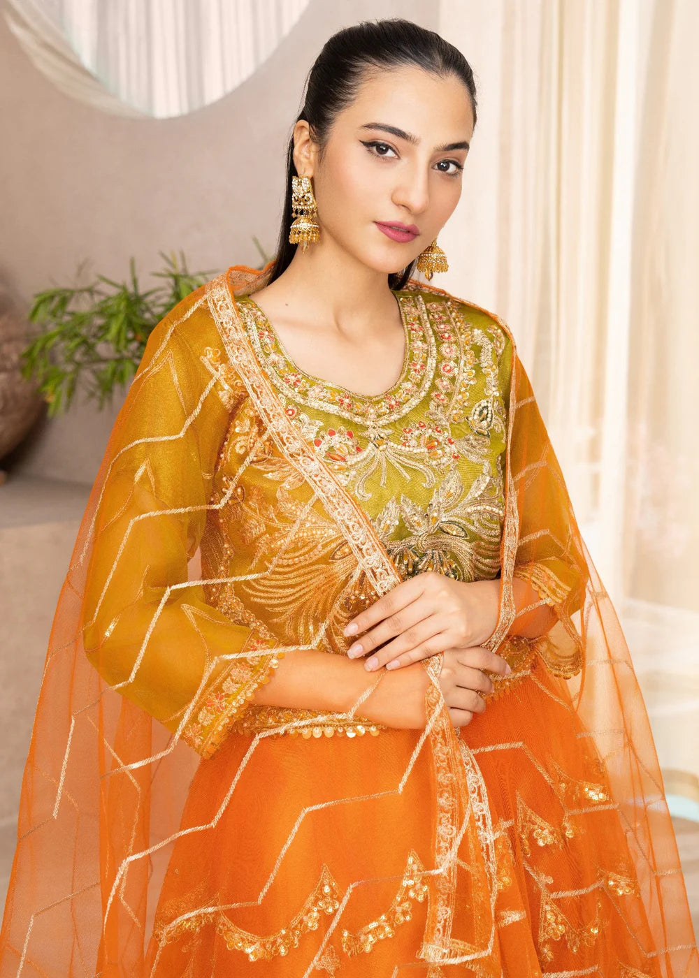 Vibrant Fusion: Gold Embroidered Crop Top and Teal Skirt