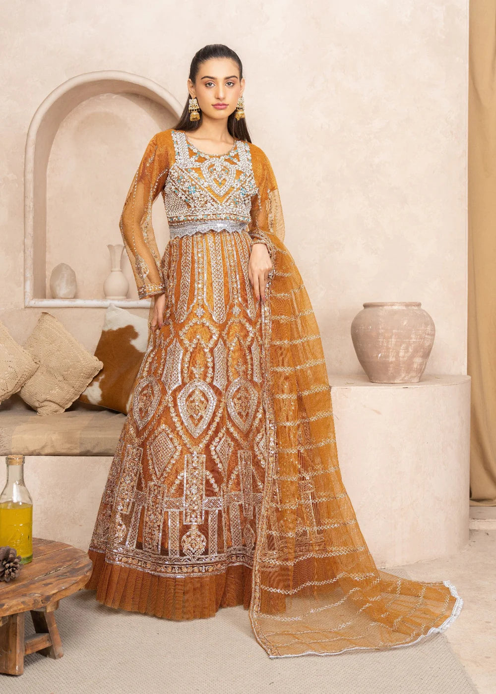 Mustard Brown Designer Ensemble with Embellished Bodice