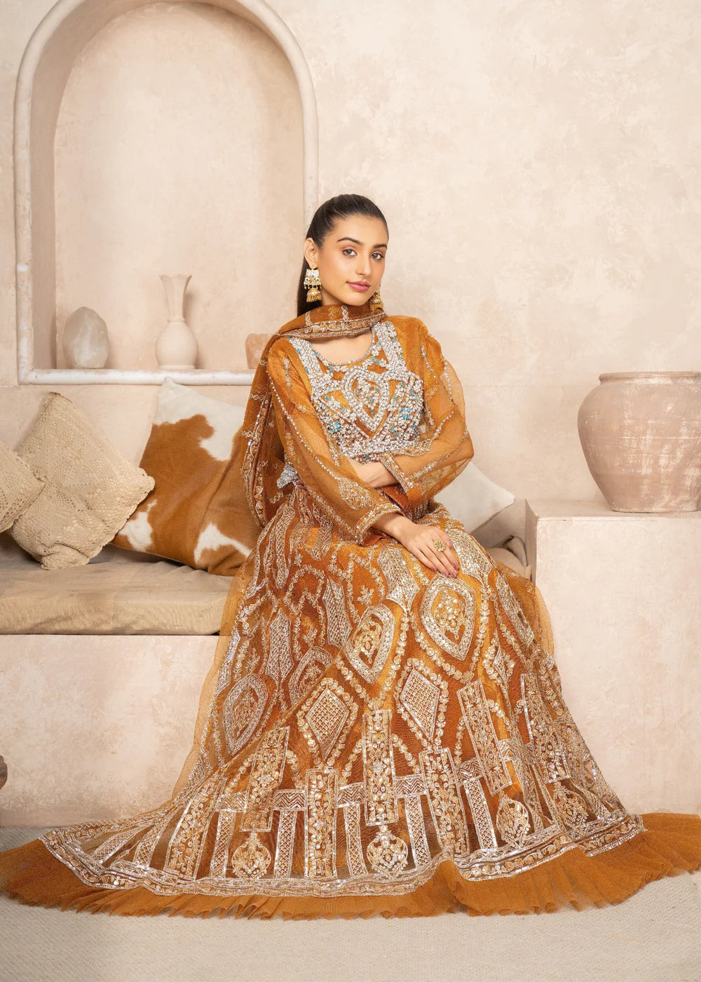 Mustard Brown Designer Ensemble with Embellished Bodice