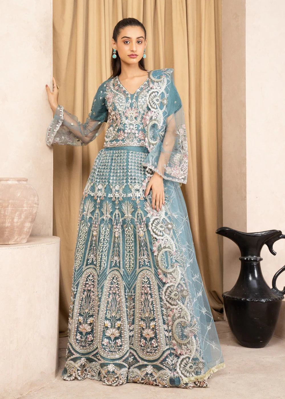 Teal Blue Embroidered Net Lehenga
