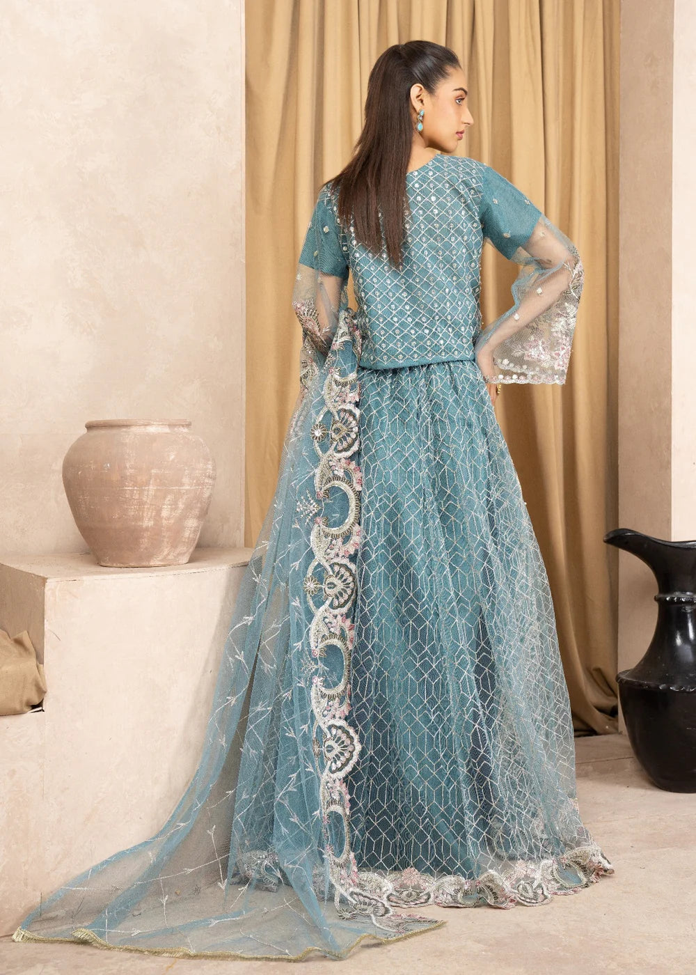 Teal Blue Embroidered Net Lehenga