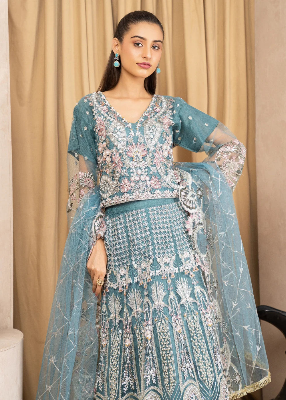Teal Blue Embroidered Net Lehenga