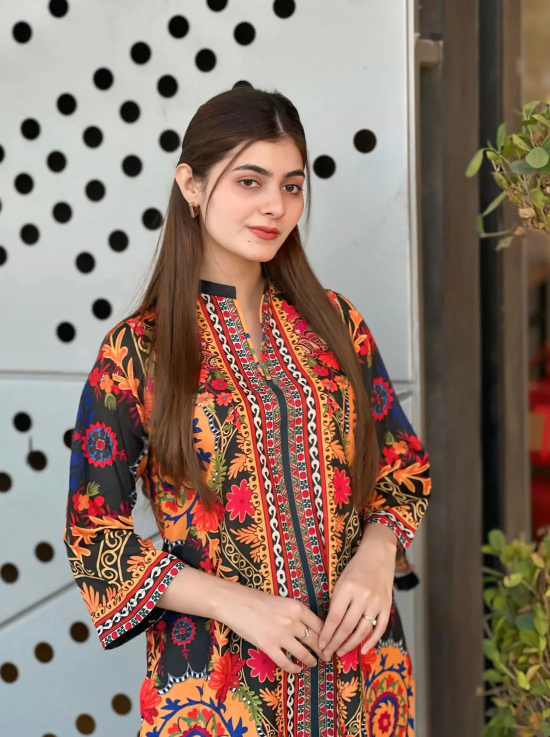 Vibrant Floral Print Kurta and Trouser Ensemble