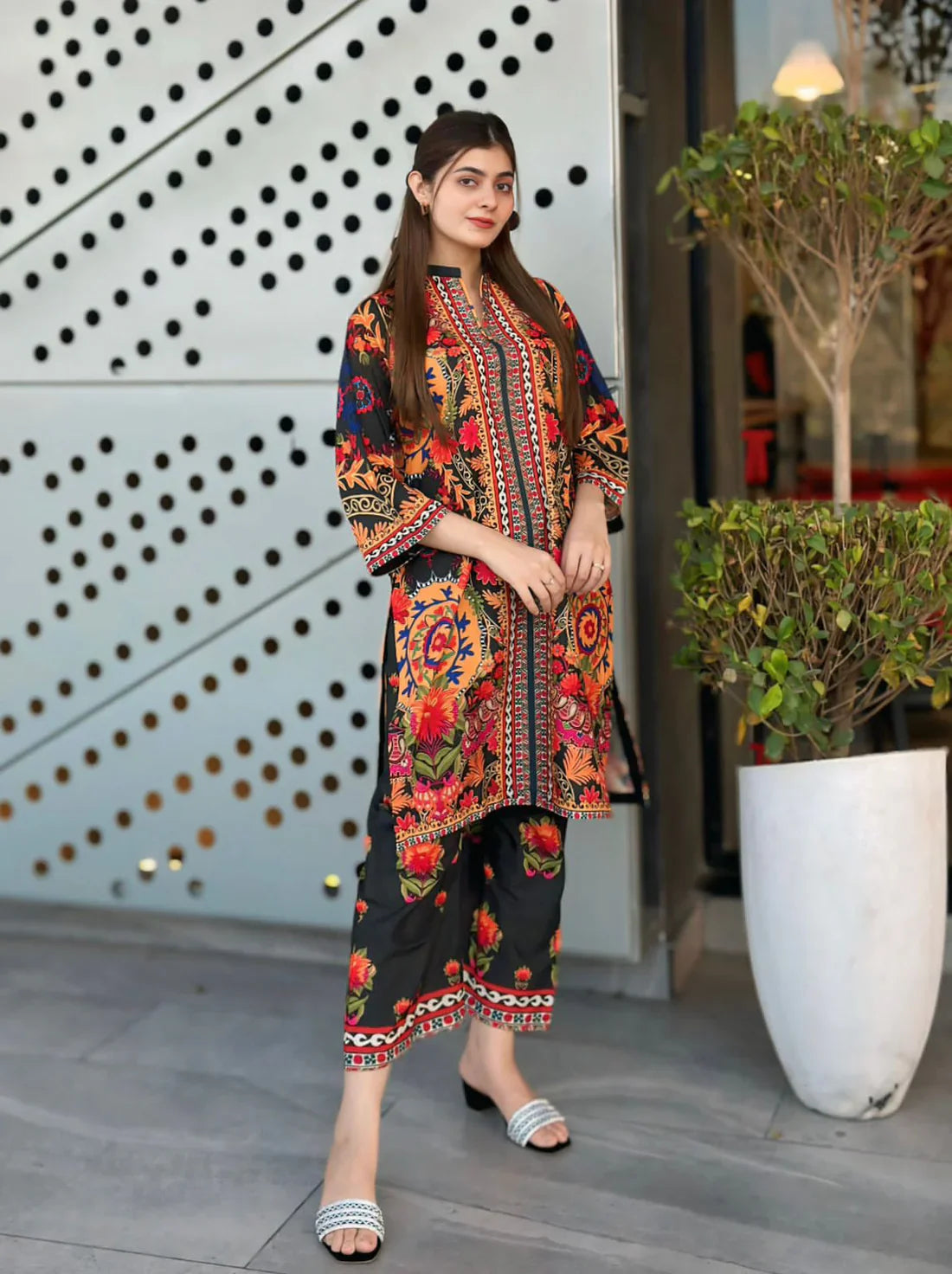 Vibrant Floral Print Kurta and Trouser Ensemble