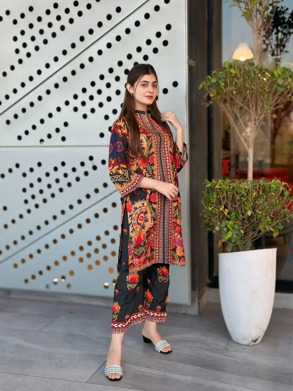 Vibrant Floral Print Kurta and Trouser Ensemble