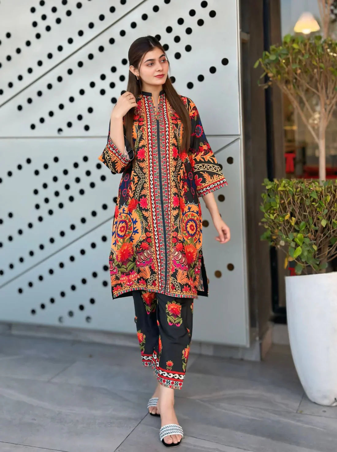 Vibrant Floral Print Kurta and Trouser Ensemble