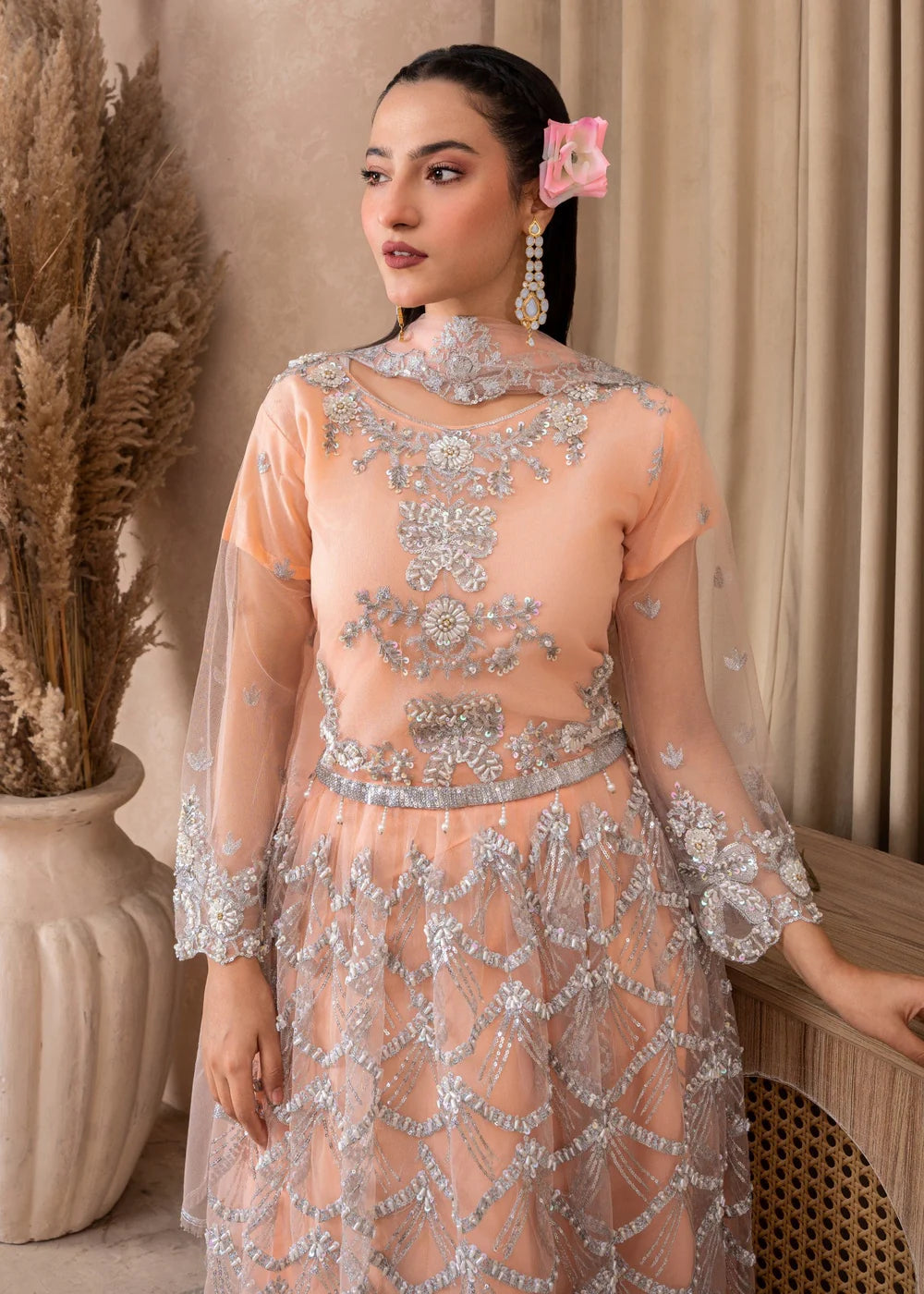 Soft Peach Formal Gown with Silver Embroidery