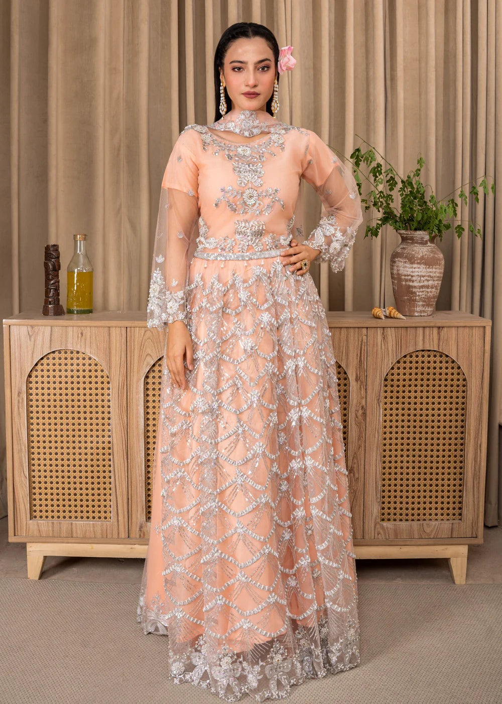 Soft Peach Formal Gown with Silver Embroidery