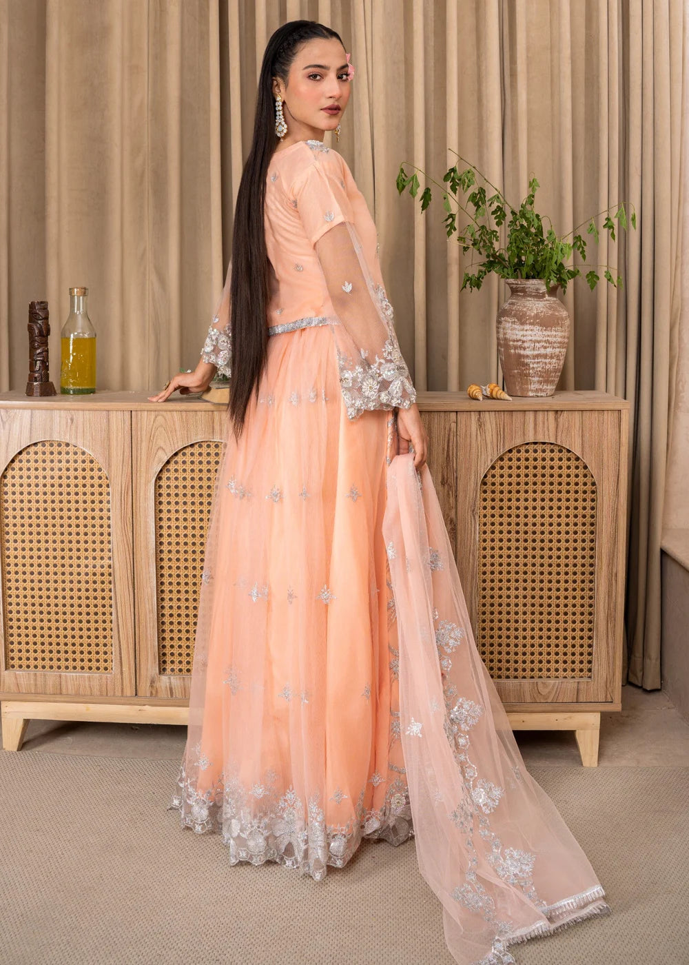Soft Peach Formal Gown with Silver Embroidery