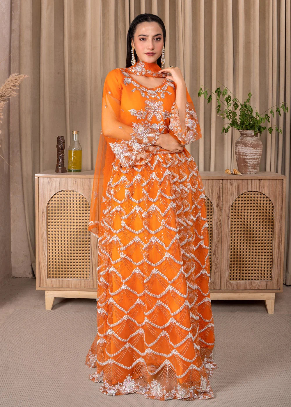 Festive Orange Ensemble with Bell Sleeves