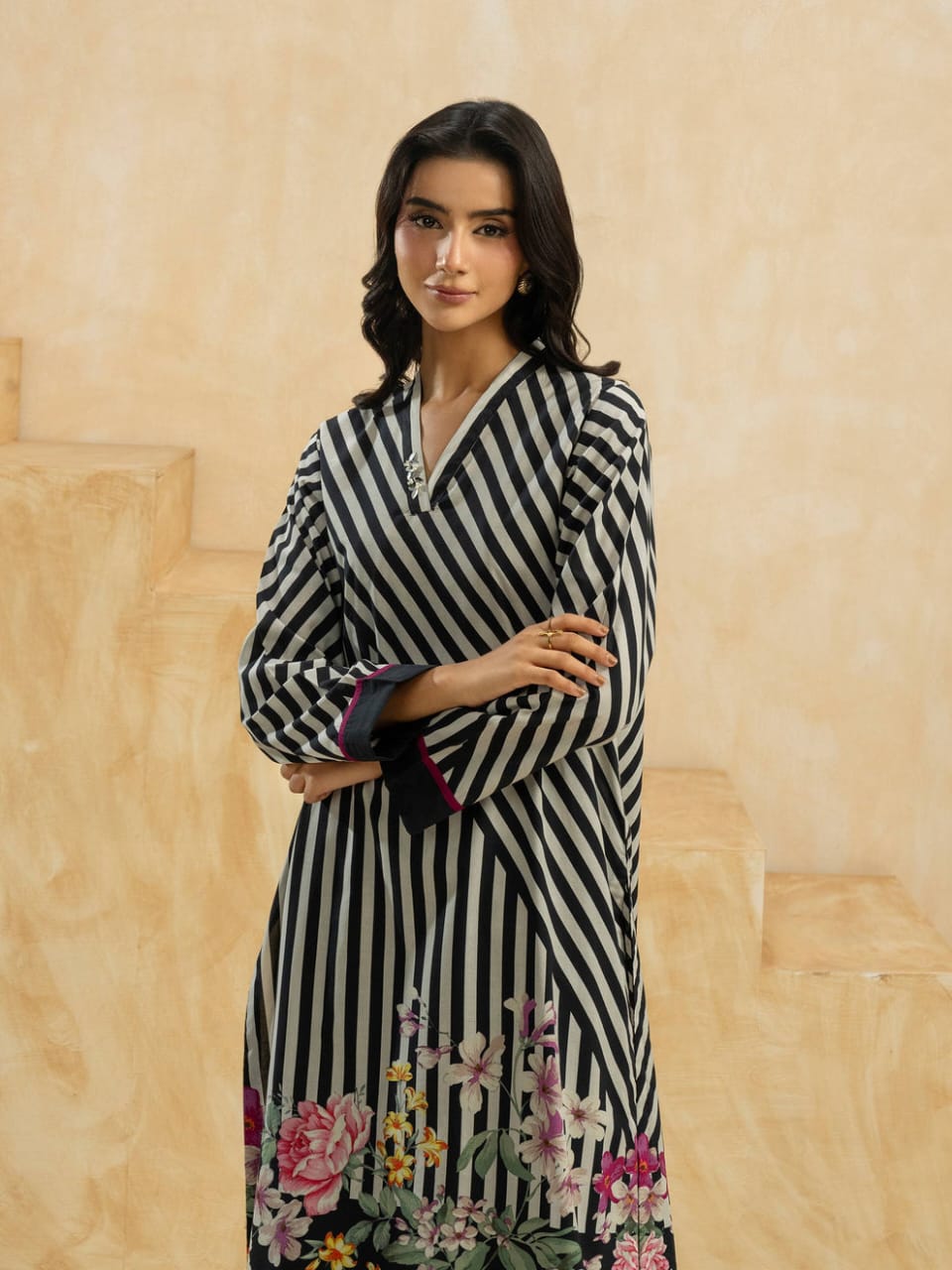 Chic Contrast: Black & White Striped with Floral Accents