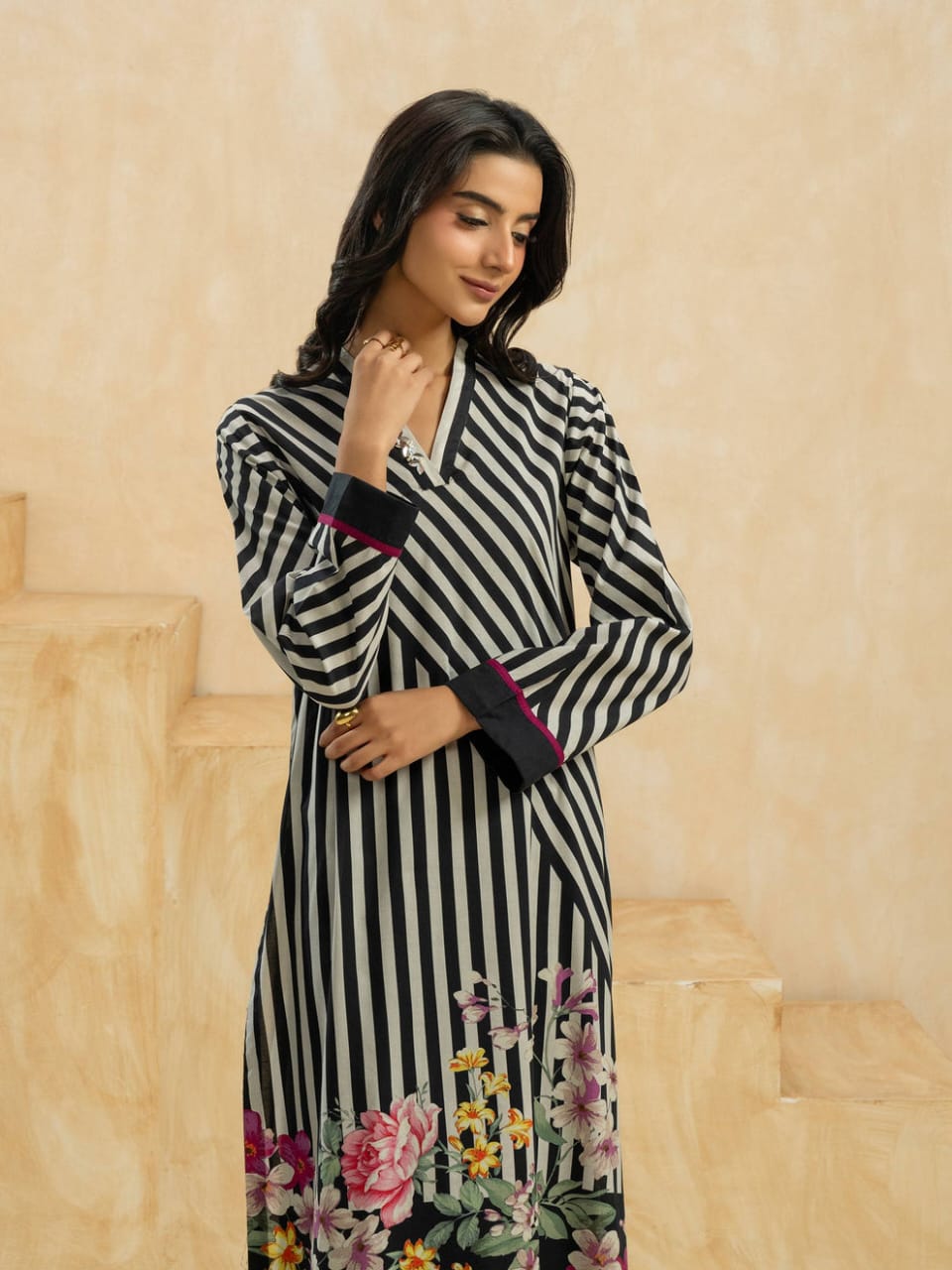 Chic Contrast: Black & White Striped with Floral Accents