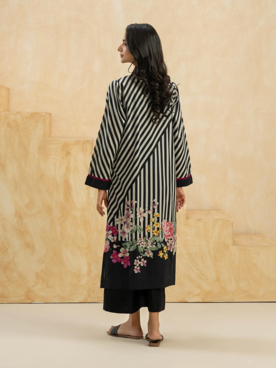 Chic Contrast: Black & White Striped with Floral Accents