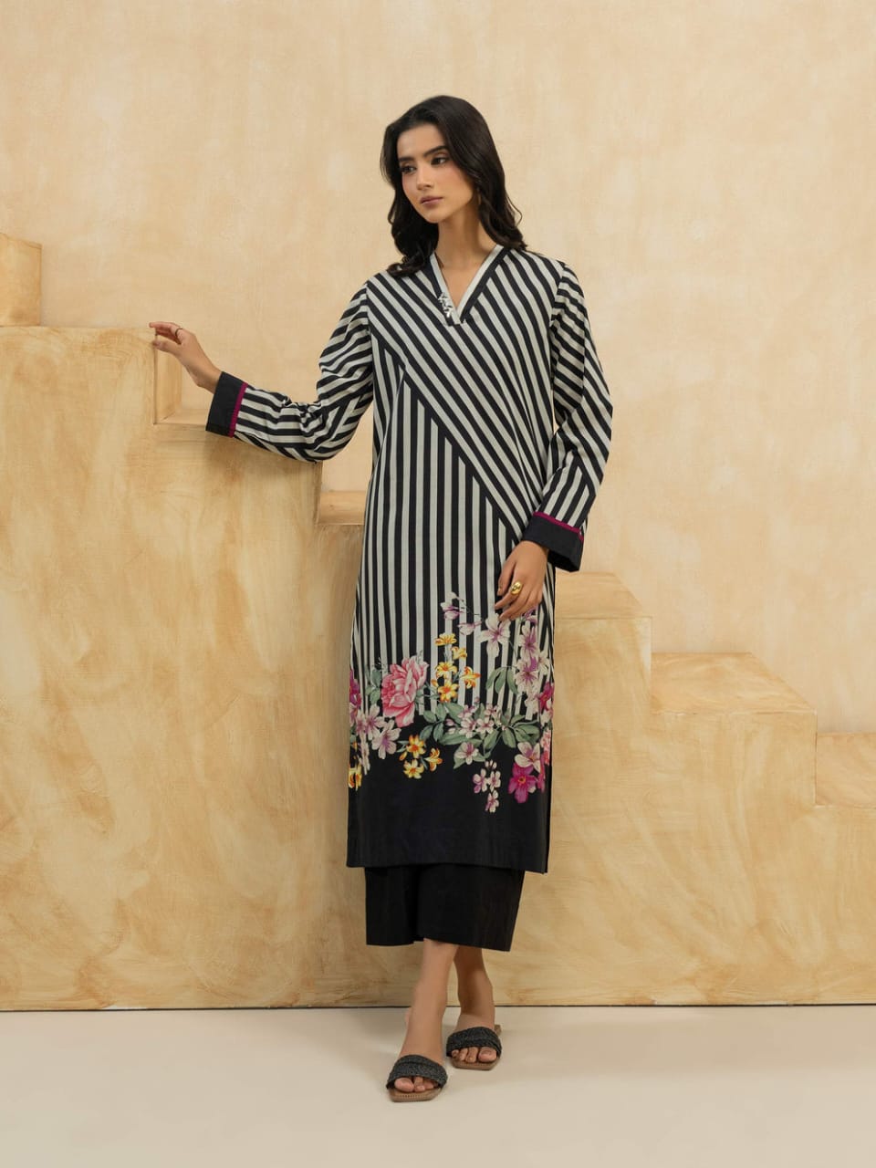 Chic Contrast: Black & White Striped with Floral Accents