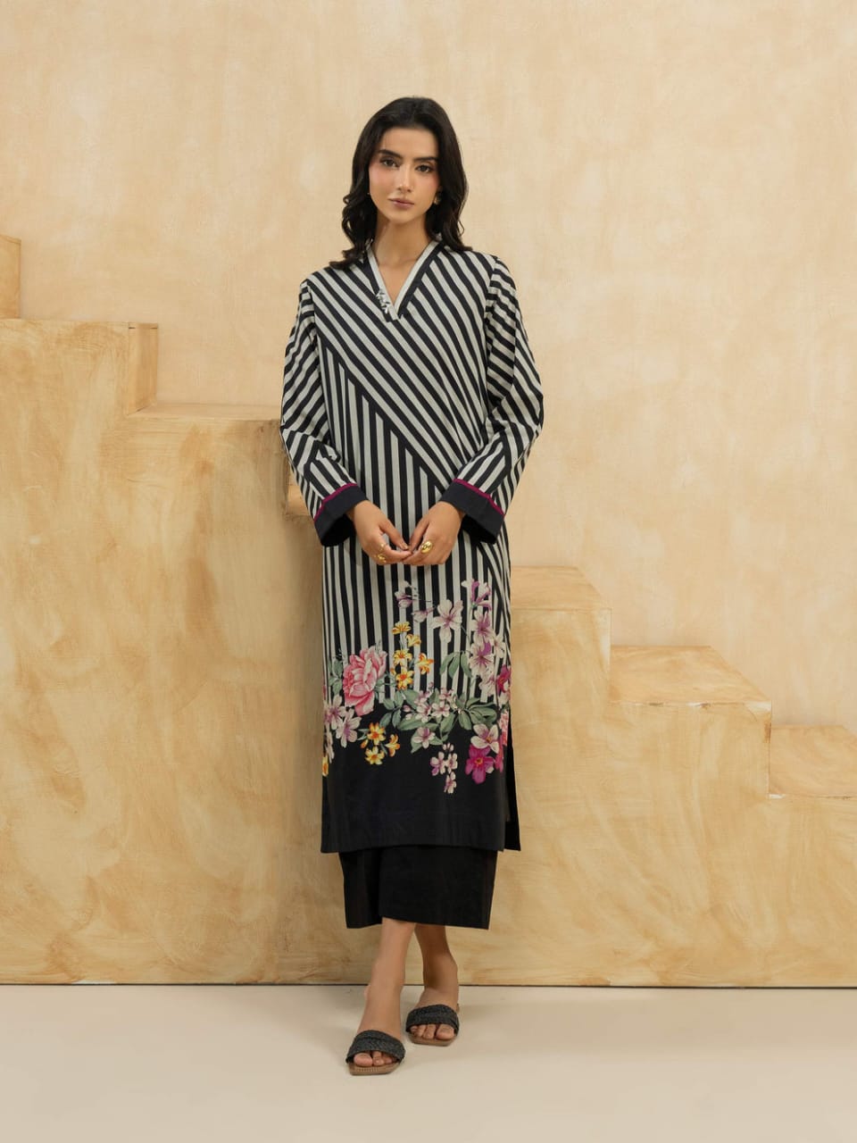 Chic Contrast: Black & White Striped with Floral Accents