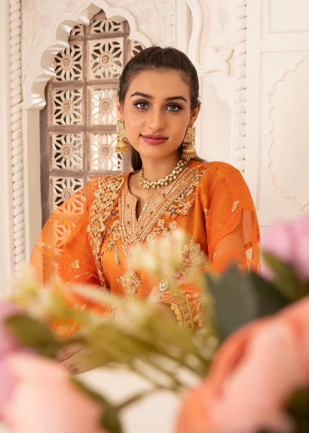 Embroidered Orange and Olive Green Bridal/Formal Wear