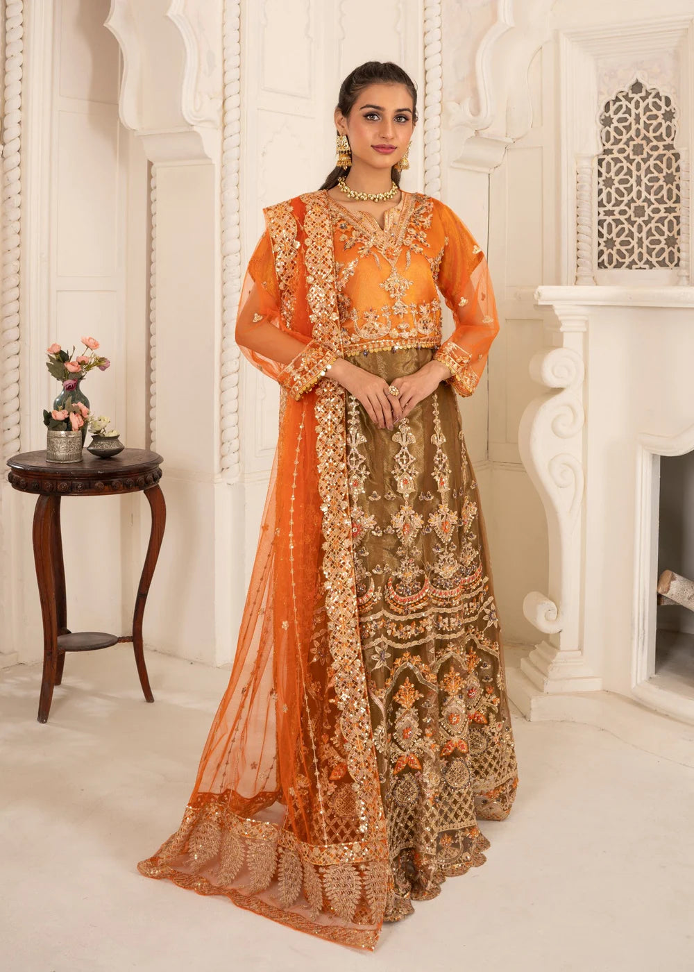 Embroidered Orange and Olive Green Bridal/Formal Wear
