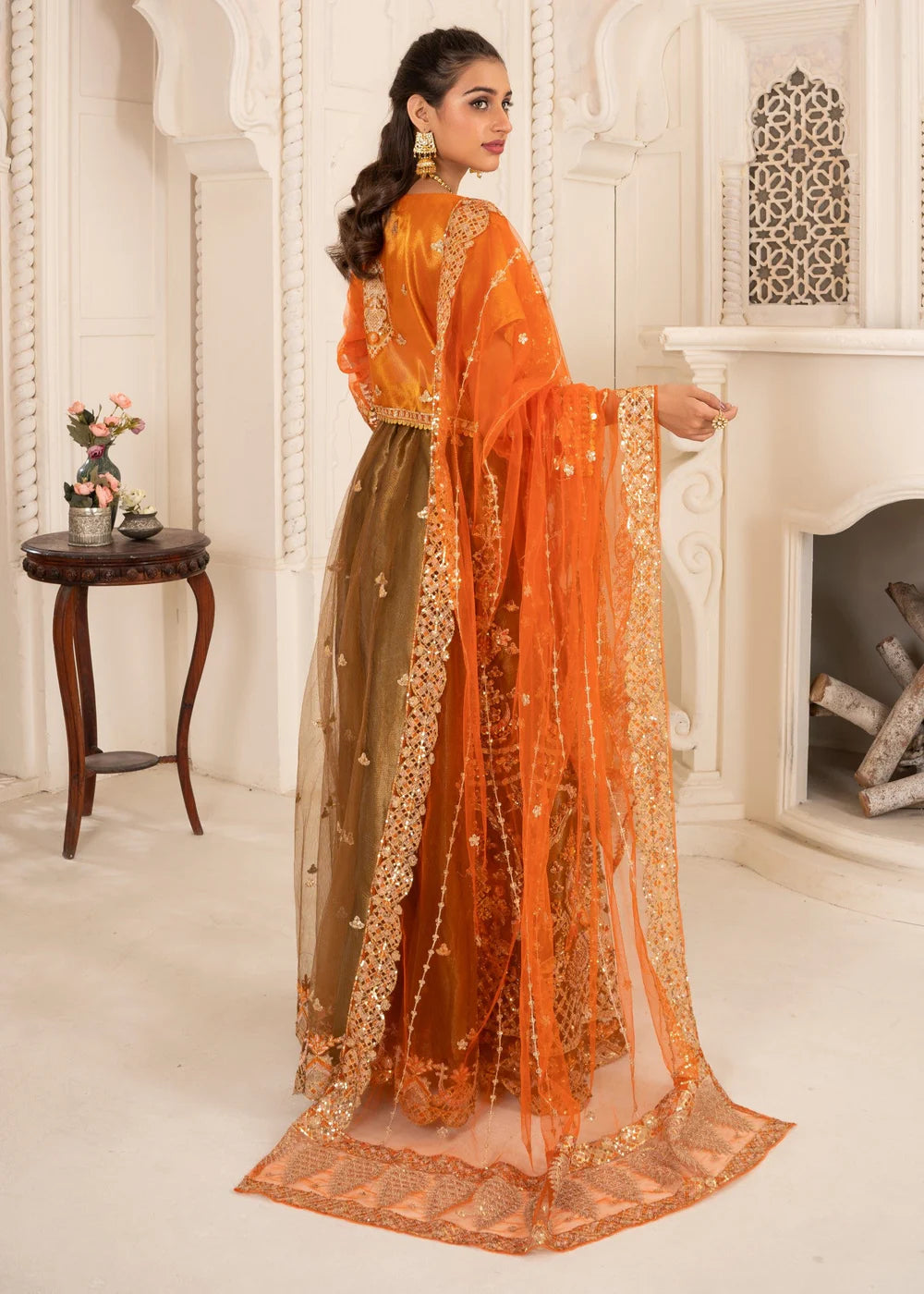 Embroidered Orange and Olive Green Bridal/Formal Wear