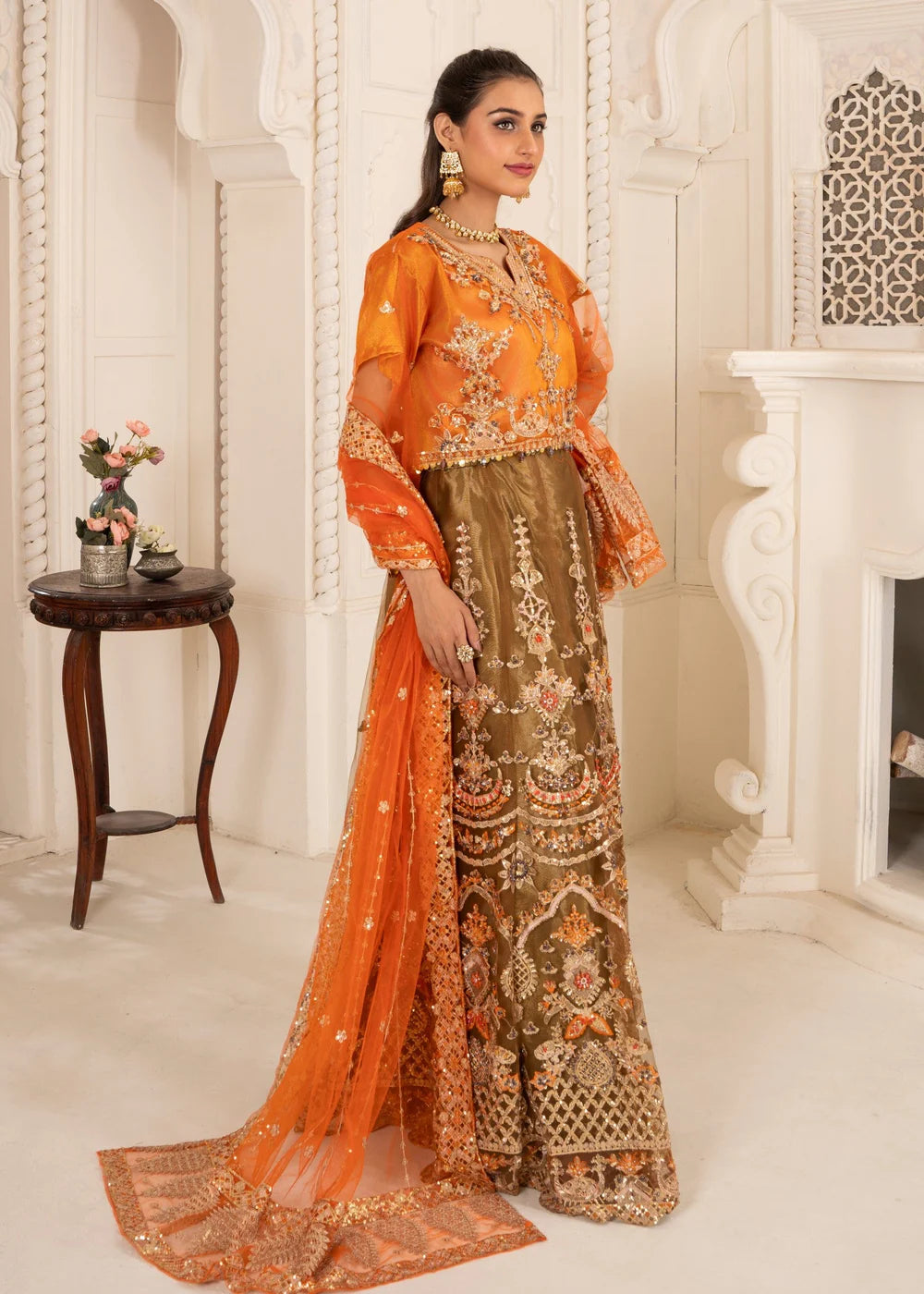 Embroidered Orange and Olive Green Bridal/Formal Wear