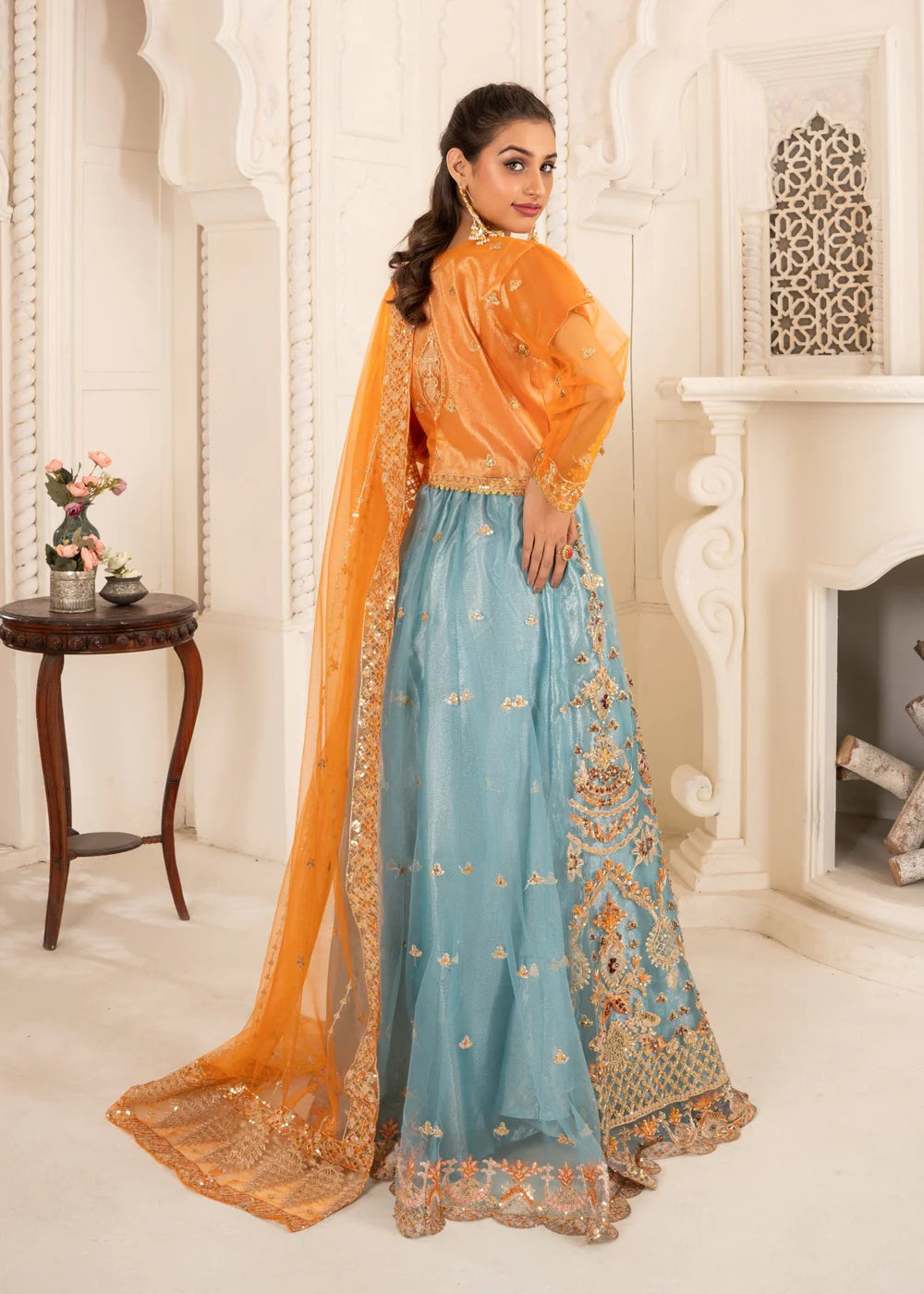 Vibrant Orange Dupatta with Olive Lehnga Choli Ensemble