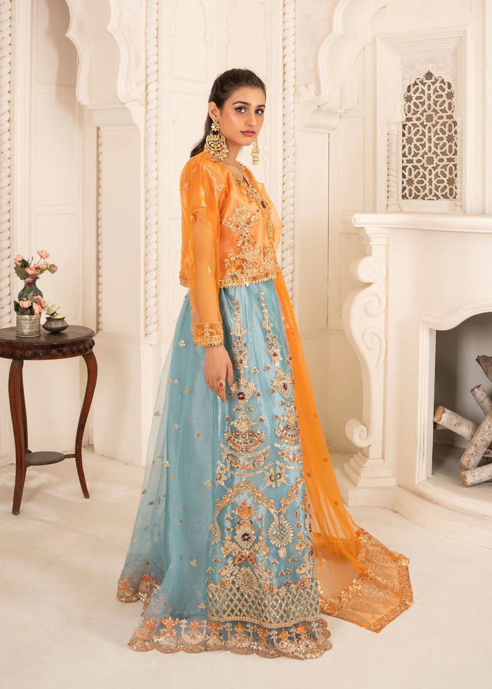Vibrant Orange Dupatta with Olive Lehnga Choli Ensemble