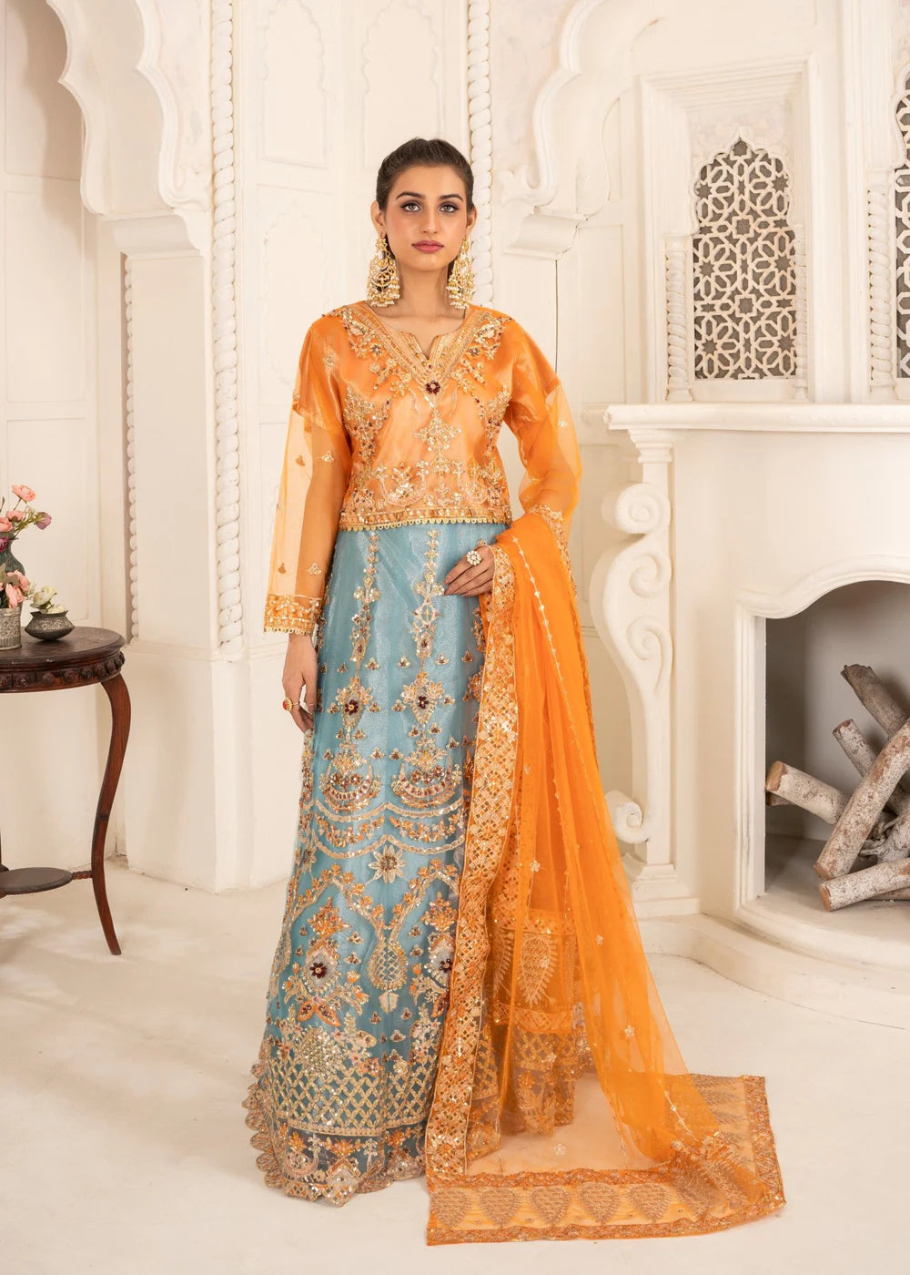 Vibrant Orange Dupatta with Olive Lehnga Choli Ensemble