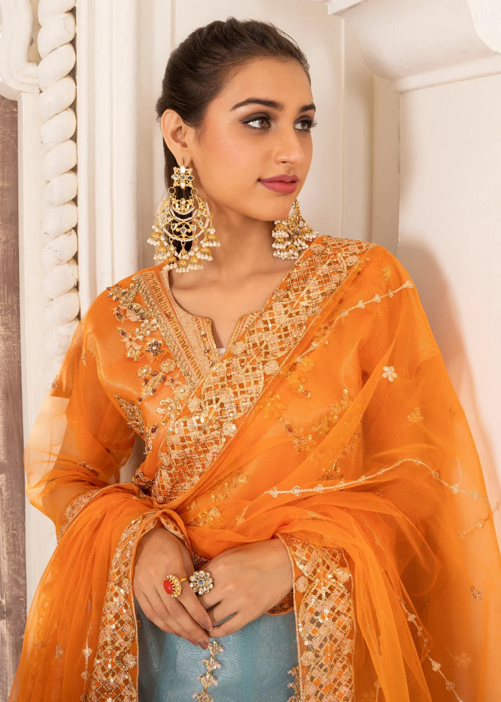 Vibrant Orange Dupatta with Olive Lehnga Choli Ensemble