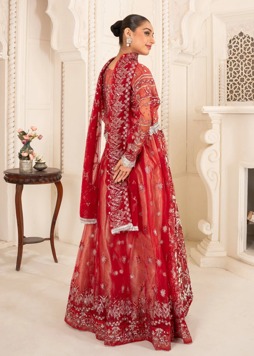 Crimson Red Embroidered Net Lehenga