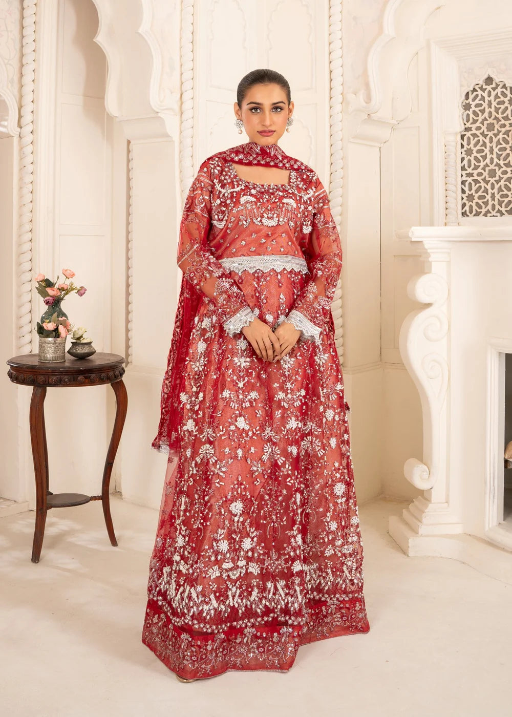 Crimson Red Embroidered Net Lehenga
