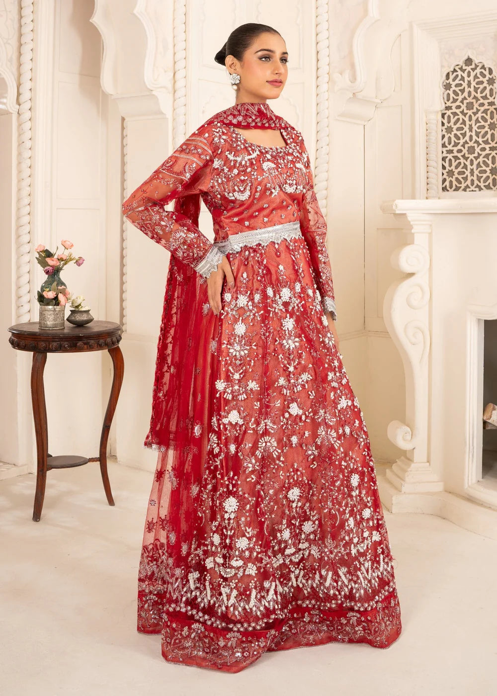 Crimson Red Embroidered Net Lehenga