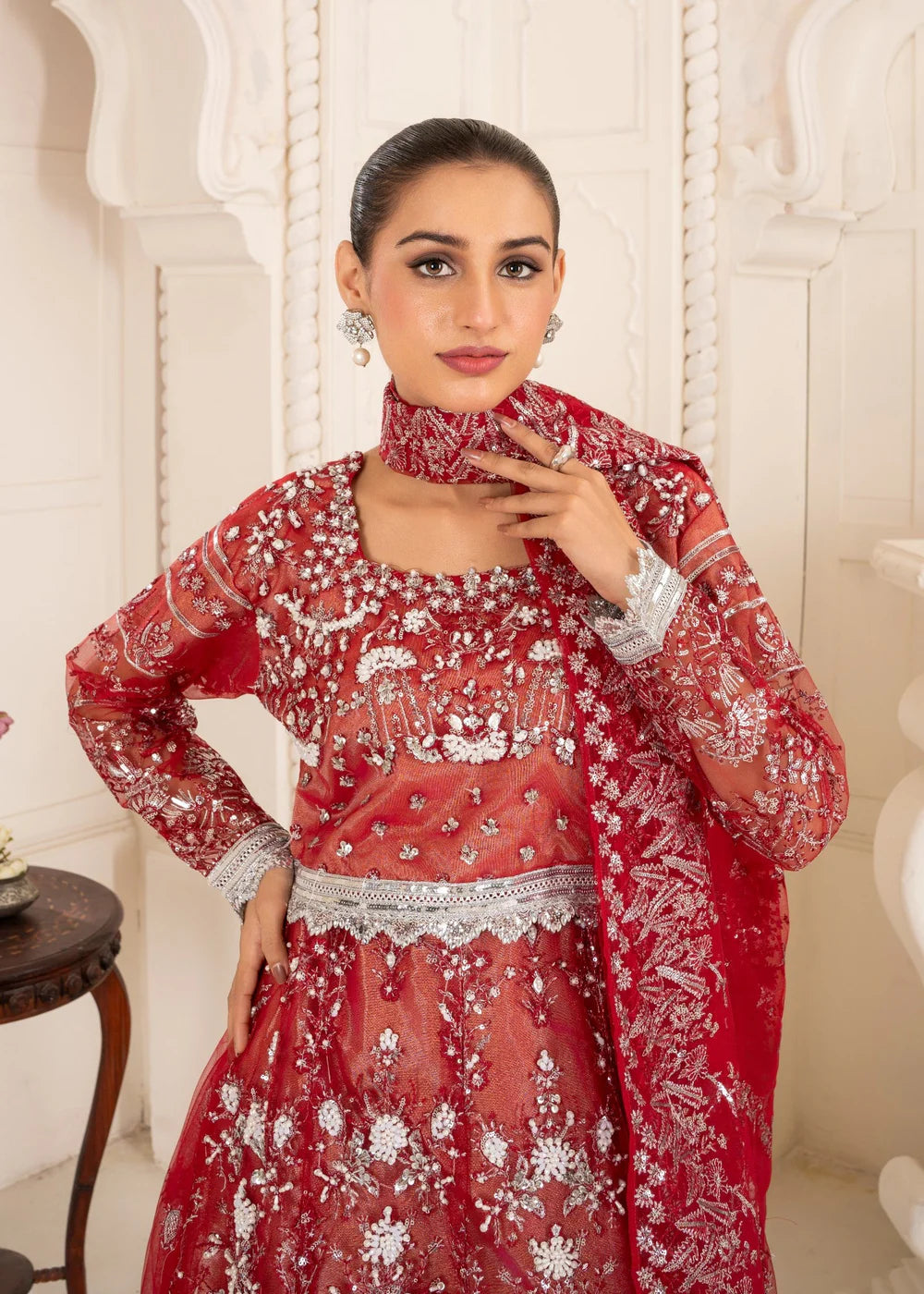 Crimson Red Embroidered Net Lehenga