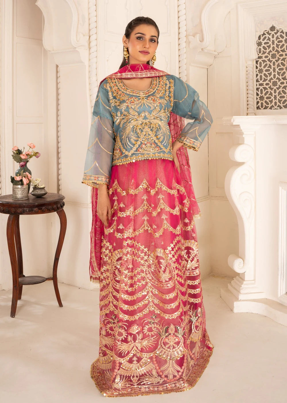 Embroidered Teal and Pink Formal Lehnga Choli