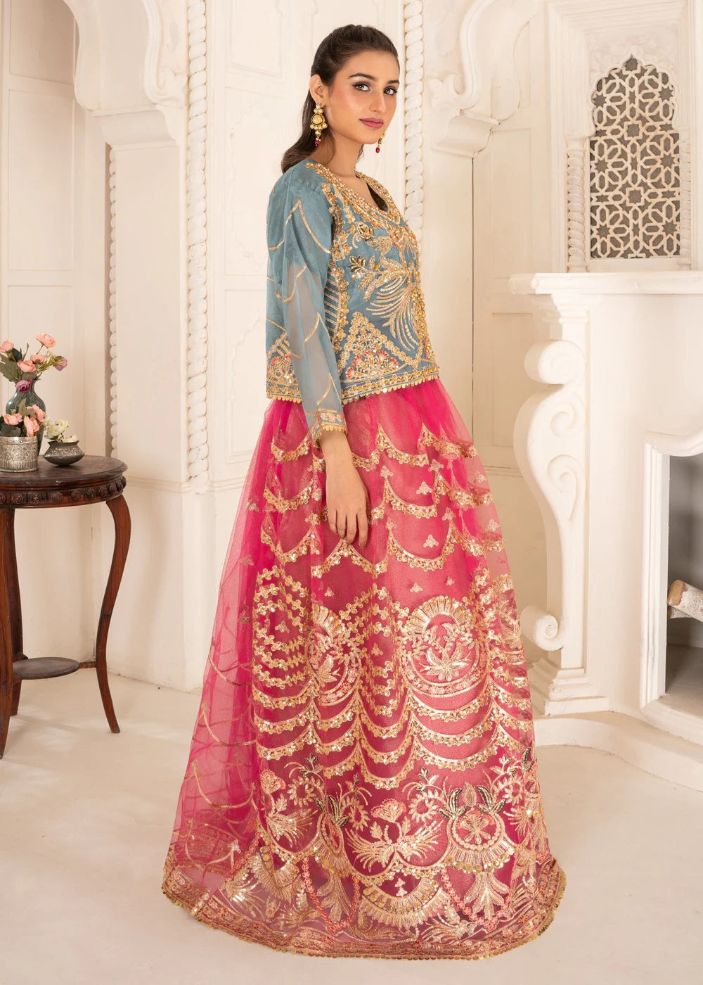 Embroidered Teal and Pink Formal Lehnga Choli