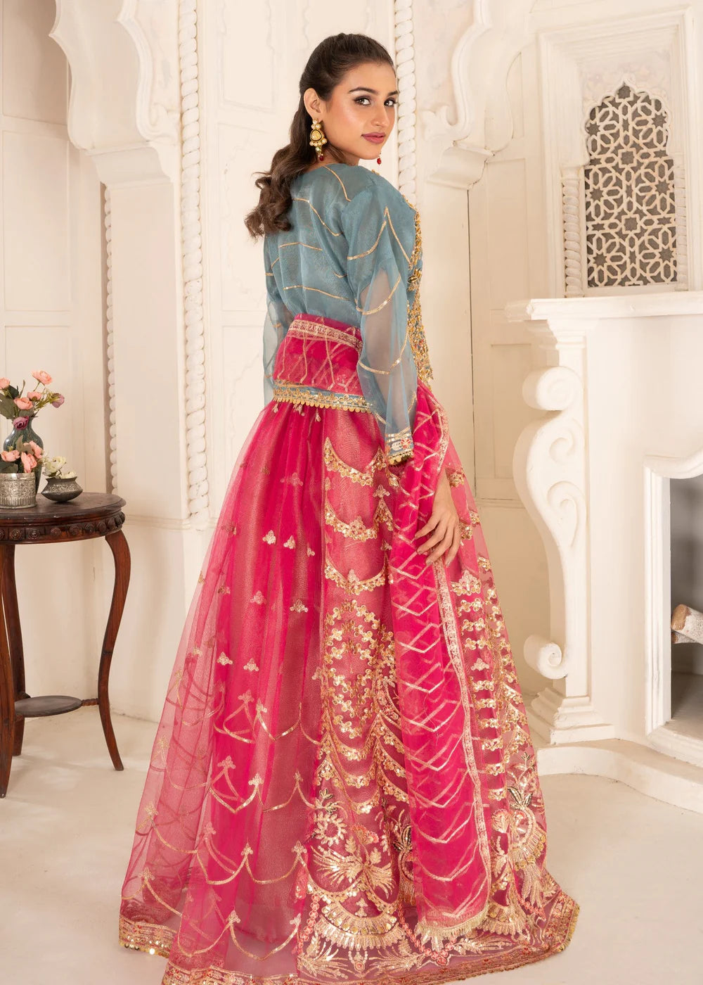 Embroidered Teal and Pink Formal Lehnga Choli