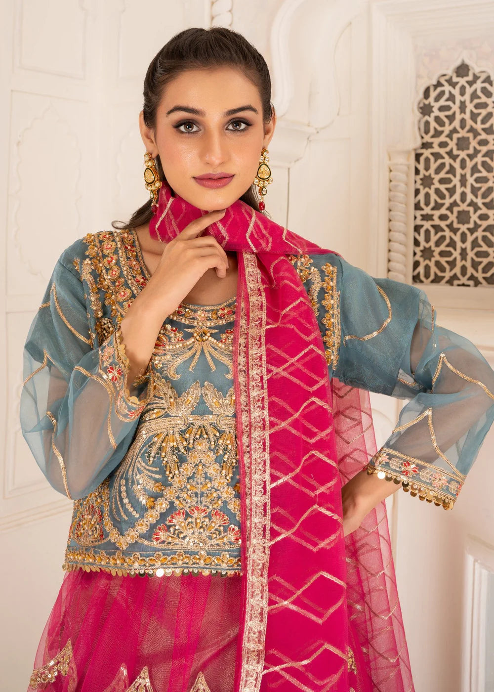 Embroidered Teal and Pink Formal Lehnga Choli