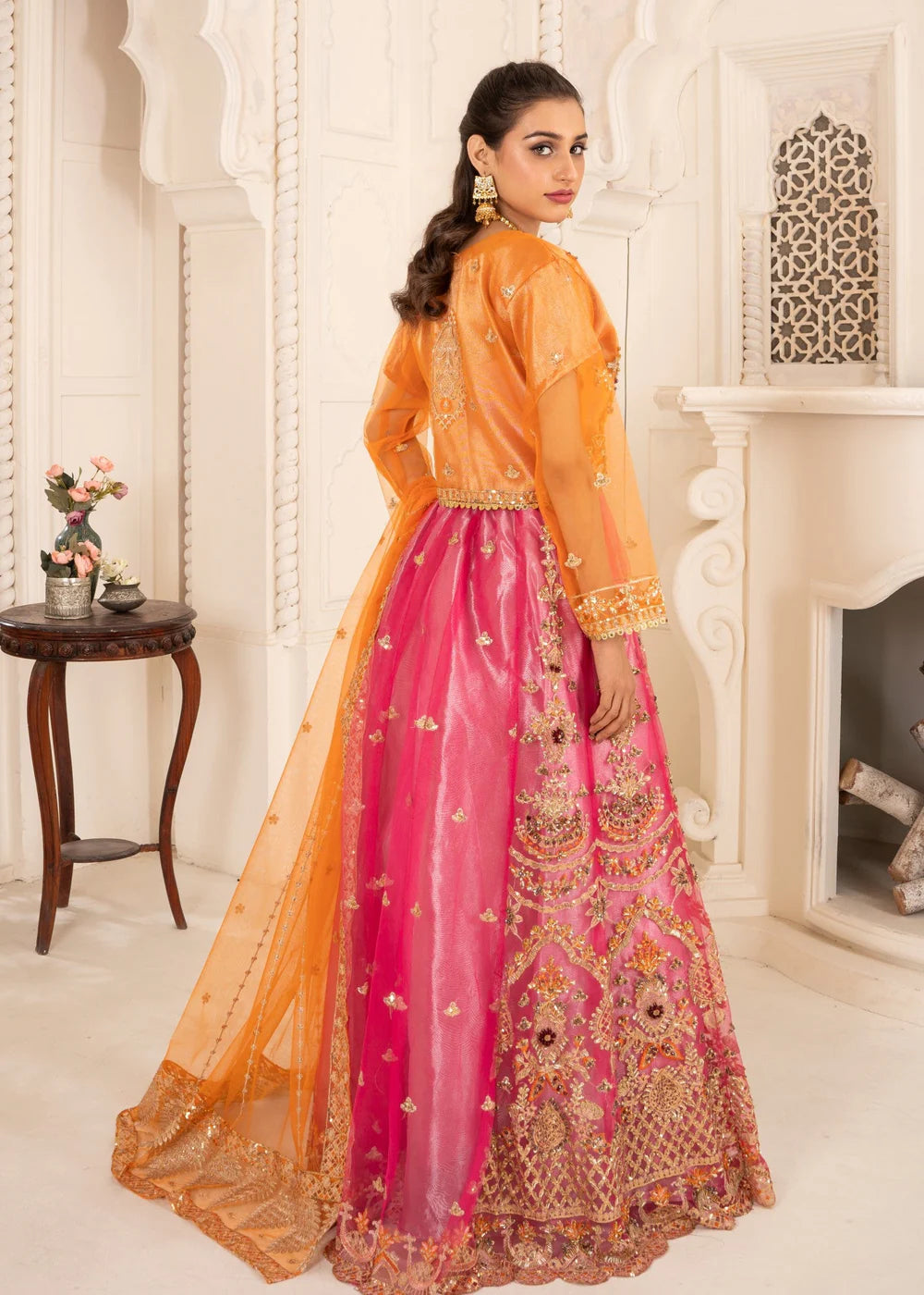 Vibrant Orange and Pink Embroidered Formal Ensemble