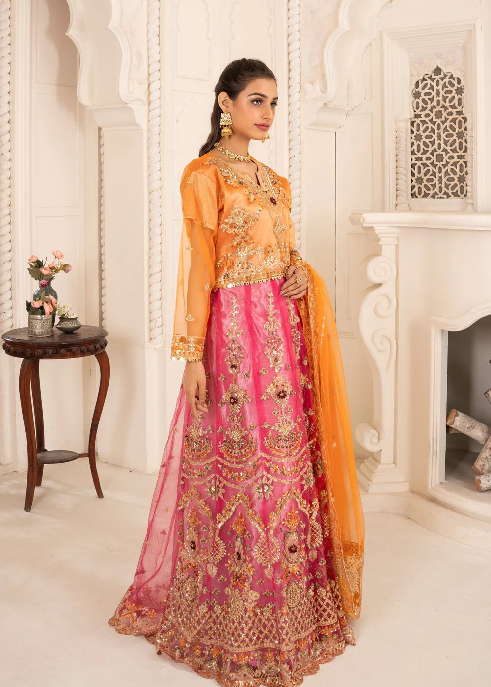 Vibrant Orange and Pink Embroidered Formal Ensemble