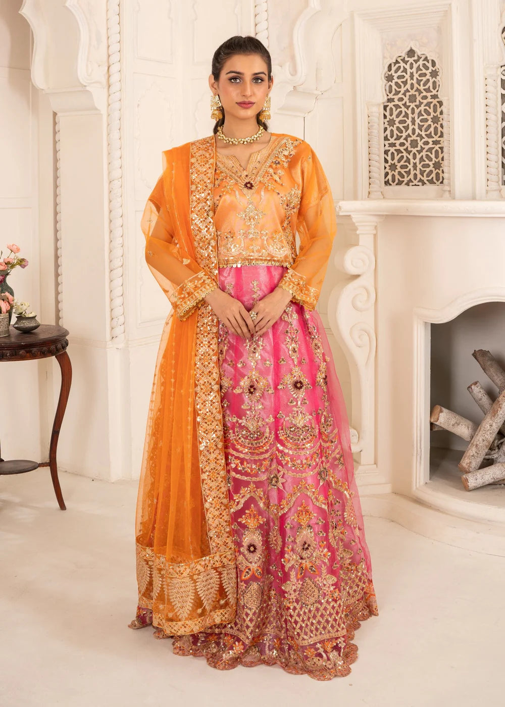 Vibrant Orange and Pink Embroidered Formal Ensemble