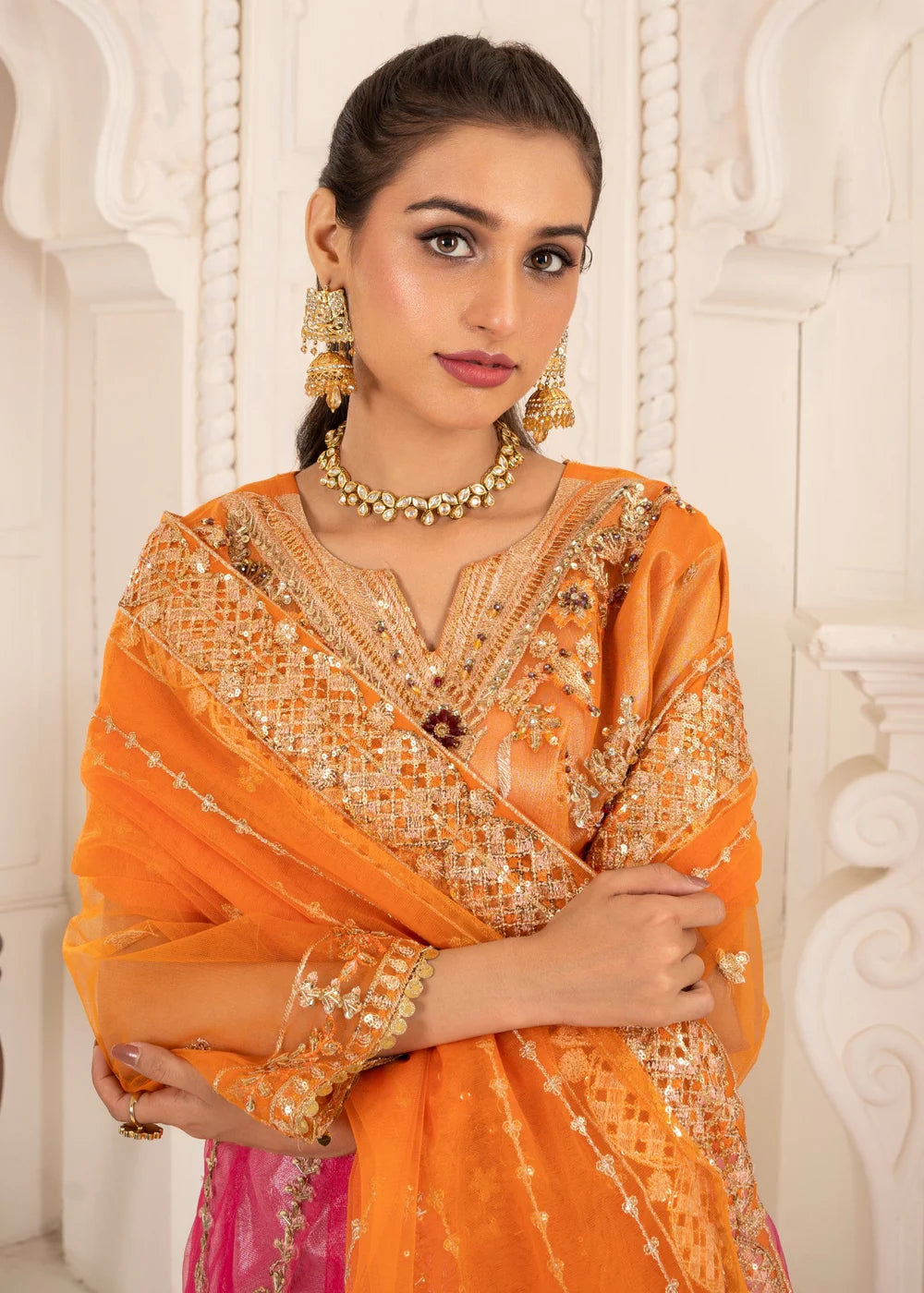 Vibrant Orange and Pink Embroidered Formal Ensemble
