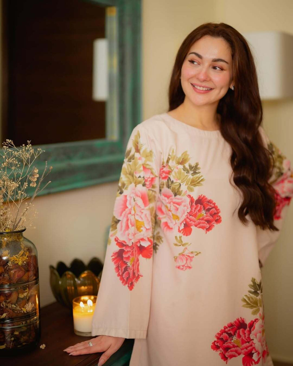 Bell-Sleeve Kurta with Bold Peony Print