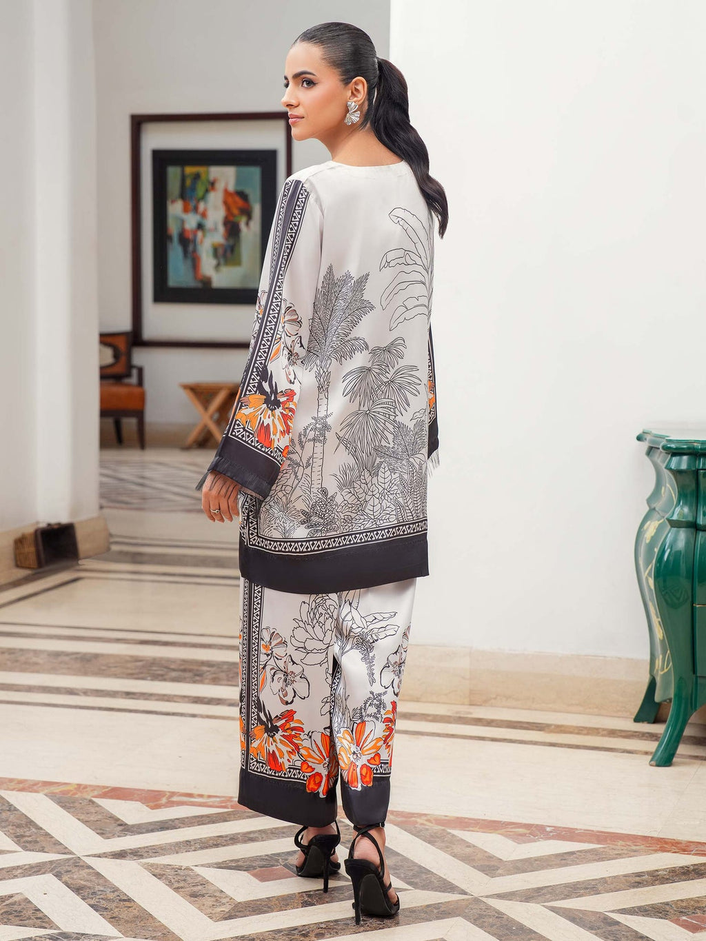 Monochrome & Orange Print Silk Tunic