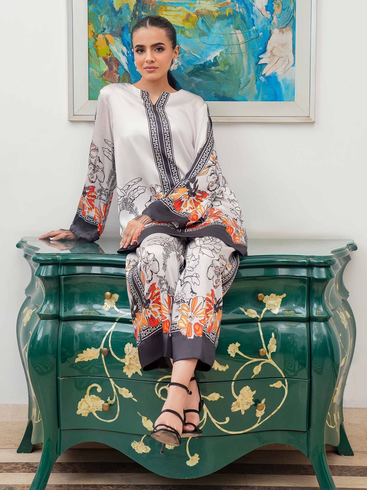 Monochrome & Orange Print Silk Tunic