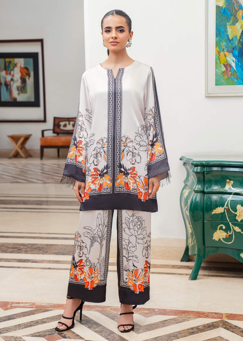 Monochrome & Orange Print Silk Tunic