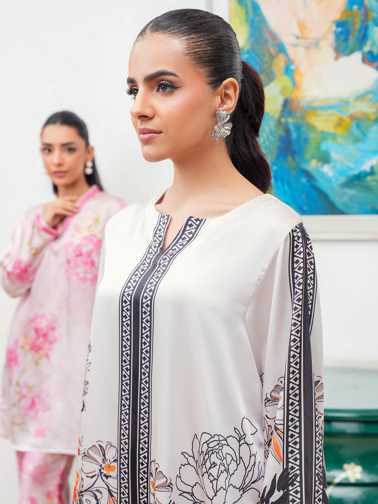 Monochrome & Orange Print Silk Tunic