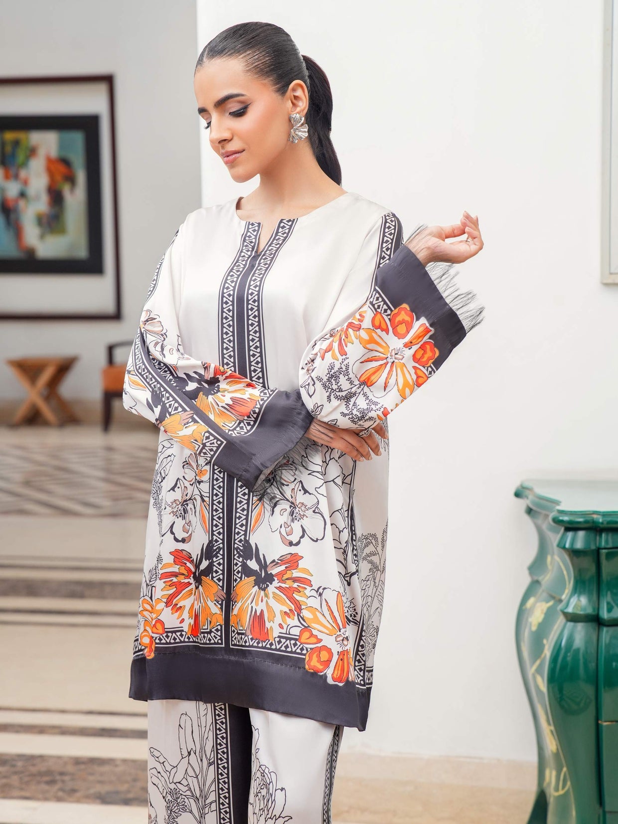 Monochrome & Orange Print Silk Tunic